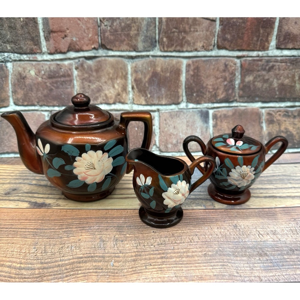 Vintage Japanese Moriage Redware Tea Set Floral‎ 1940s Pottery Pot Creamer Sugar